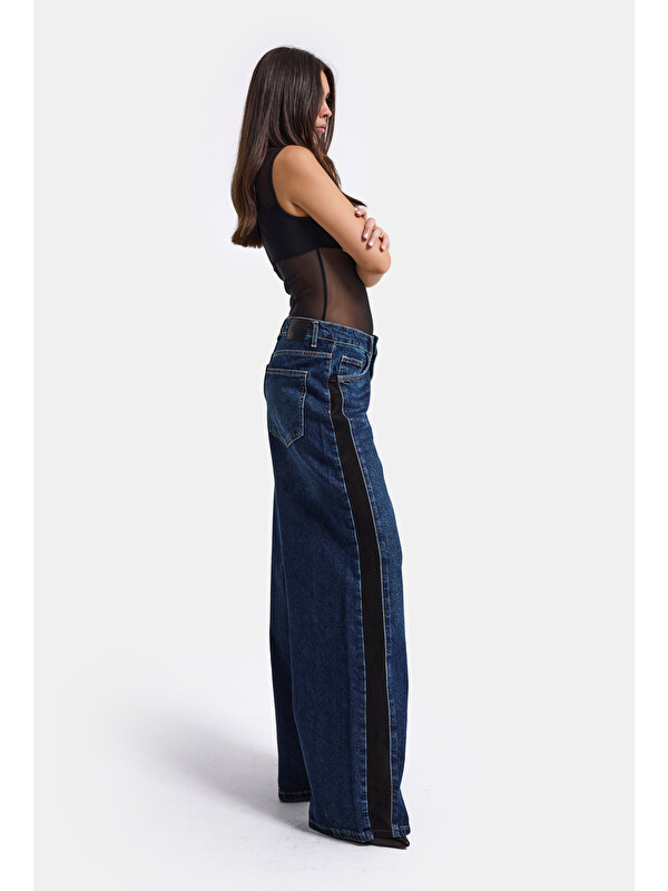 It's Basic Kadın Koyu Mavi 2w6-5 Süper Baggy Yan Süet Detaylı Özel Tasarım Denim Jean