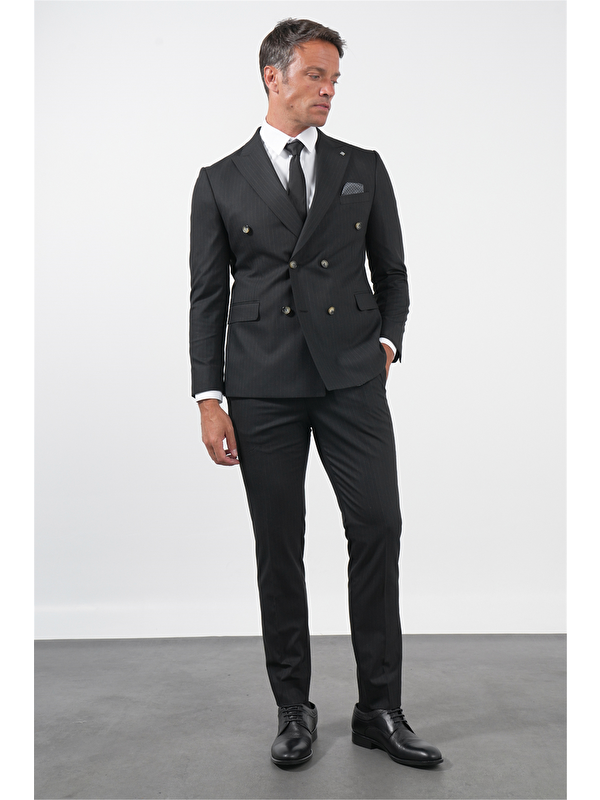 İMZA Siyah-Gri Kılıç Yaka Düz Bez Ayağı Kruvaze 6 Drop Slim Fit Esnek Takım Elbise 1001260173