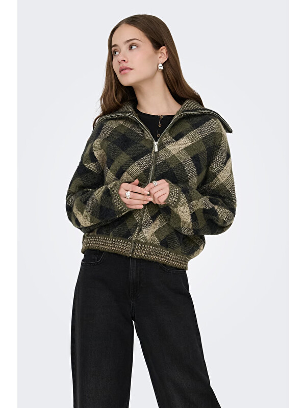 Only Onlmaroon Kareli Geniş Yaka Fermuarlı Kazak 15358211
