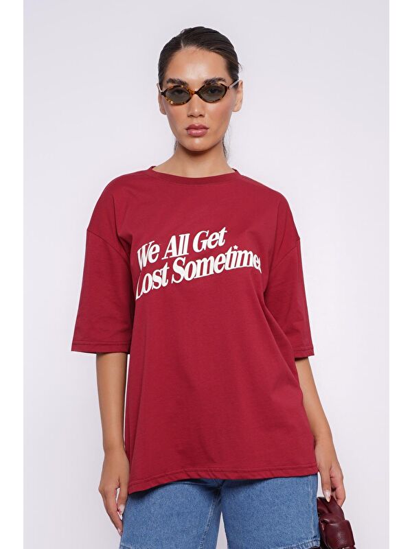 Madmext Bordo Baskılı Oversize Tişört Mg1532