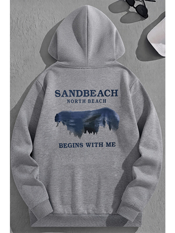 Trendseninle Unisex 3 İplik Pamuklu Gri SandBeach Baskı Bol Kalıp Sweatshirt Hoodie