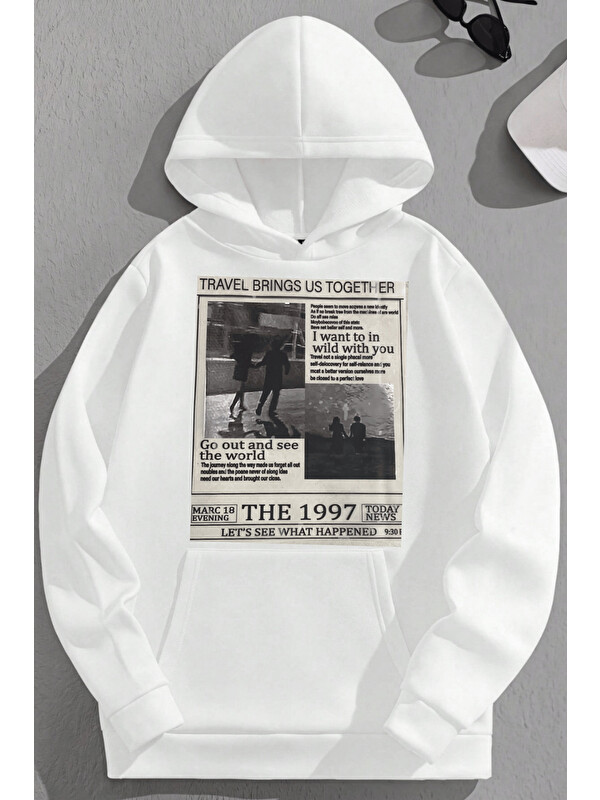 Trendseninle Unisex 3 İplik Pamuklu Beyaz The1997Gazete Baskı Bol Kalıp Sweatshirt Hoodie