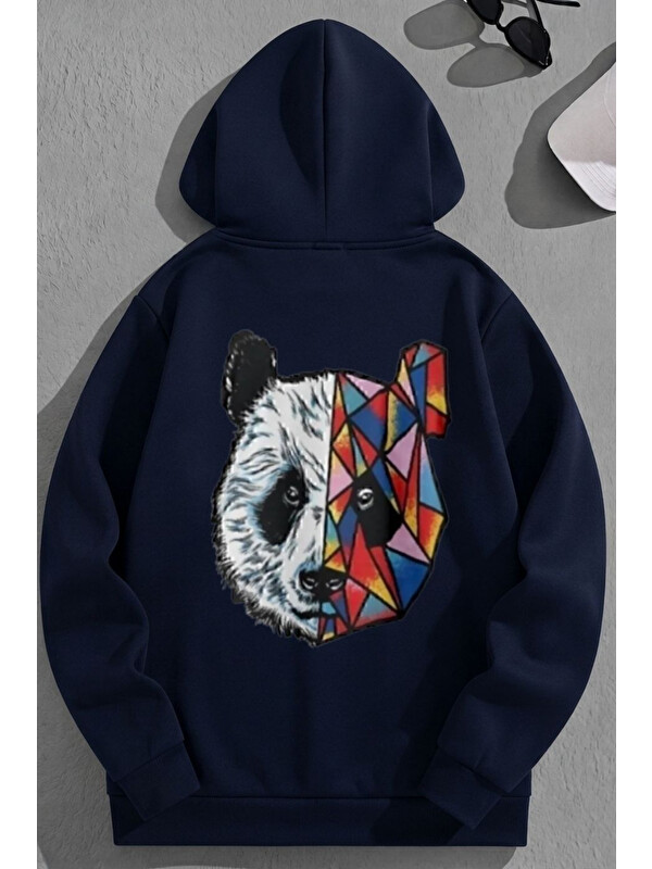 Trendseninle Unisex 3 İplik Pamuklu Lacivert Bol Kalıp Colorful Bear Baskı Sweatshirt Hoodie