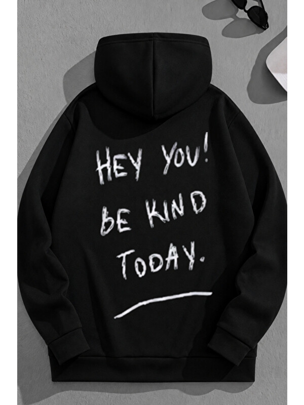 Trendseninle Unisex 3 İplik Pamuklu Siyah Bol Kalıp Hey You! Baskı Sweatshirt Hoodie