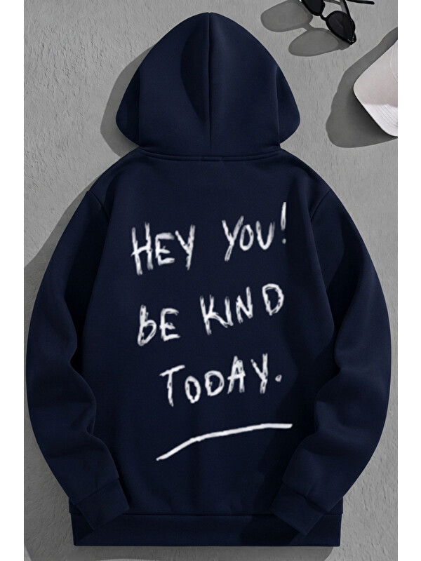 Trendseninle Unisex 3 İplik Pamuklu Lacivert Bol Kalıp Hey You! Baskı Sweatshirt Hoodie