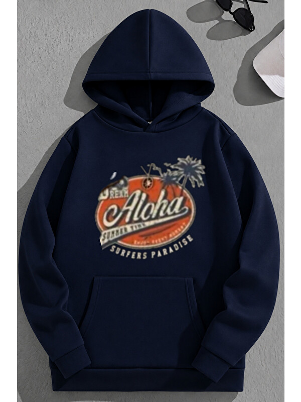 Trendseninle Unisex 3 İplik Pamuklu Lacivert Aloha Bol Kalıp Sweatshirt Hoodie