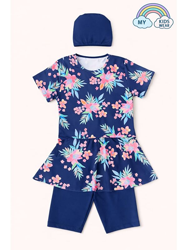 My Kids Wear Kız Çocuk Desenli Şortlu Bone’li Mayo Takımı 12571