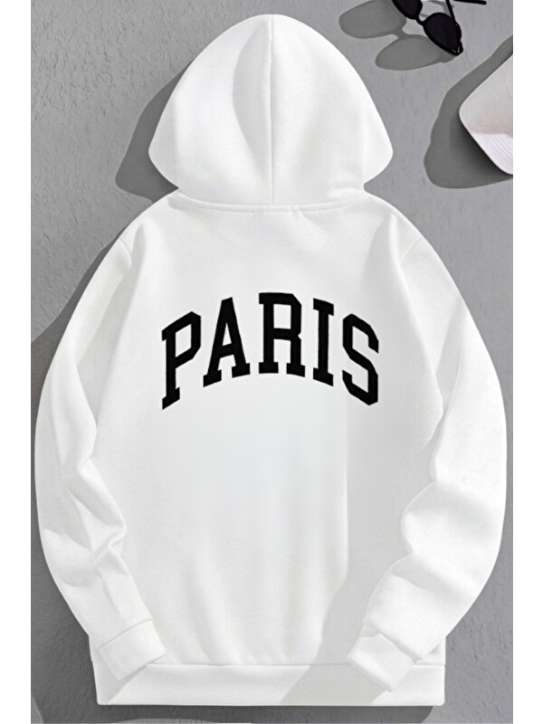 Trendseninle Unisex 3 İplik Pamuklu Beyaz Bol Kalıp Kavis PARIS Baskı Sweatshirt Hoodie