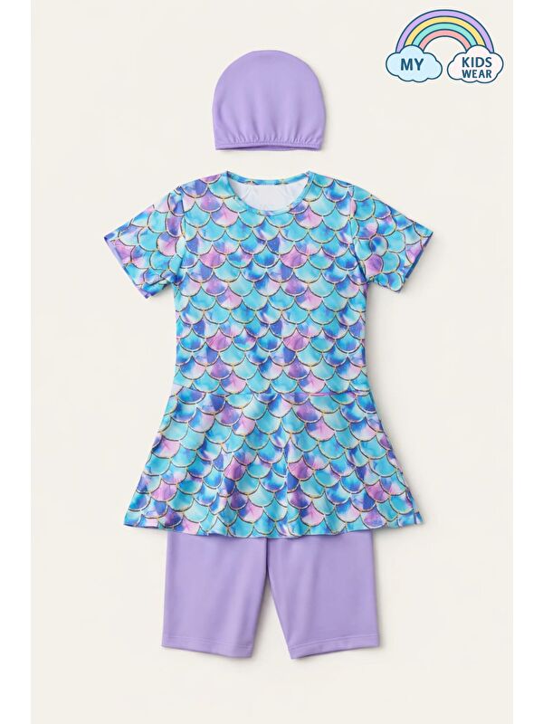 My Kids Wear Kız Çocuk Desenli Şortlu Bone’li Mayo Takımı 12574