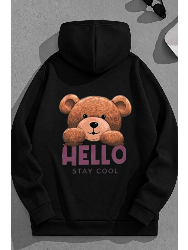Trendseninle Unisex 3 İplik Pamuklu Siyah HELLO Bol Kalıp Sweatshirt Hoodie