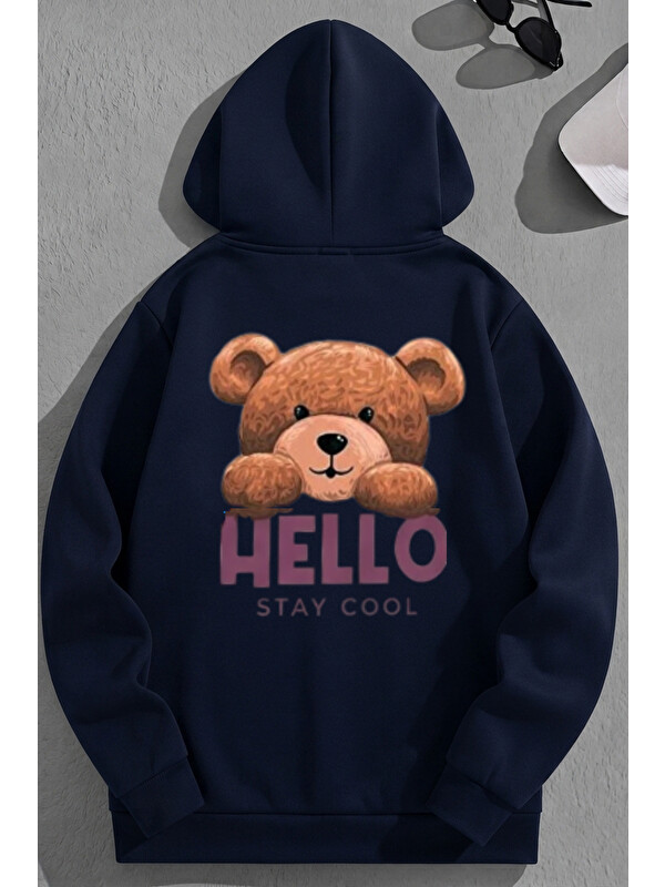 Trendseninle Unisex 3 İplik Pamuklu Lacivert HELLO Bol Kalıp Sweatshirt Hoodie