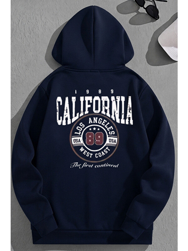 Trendseninle Unisex 3 İplik Pamuklu Lacivert Calif89 Bol Kalıp Sweatshirt Hoodie