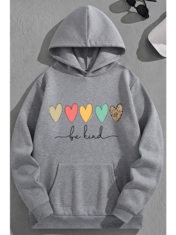 Trendseninle Unisex 3 İplik Pamuklu Gri BeKind Bol Kalıp Sweatshirt Hoodie
