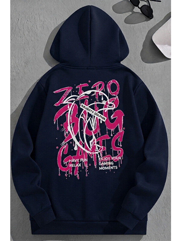 Trendseninle Unisex 3 İplik Pamuklu Lacivert Games Bol Kalıp Sweatshirt Hoodie