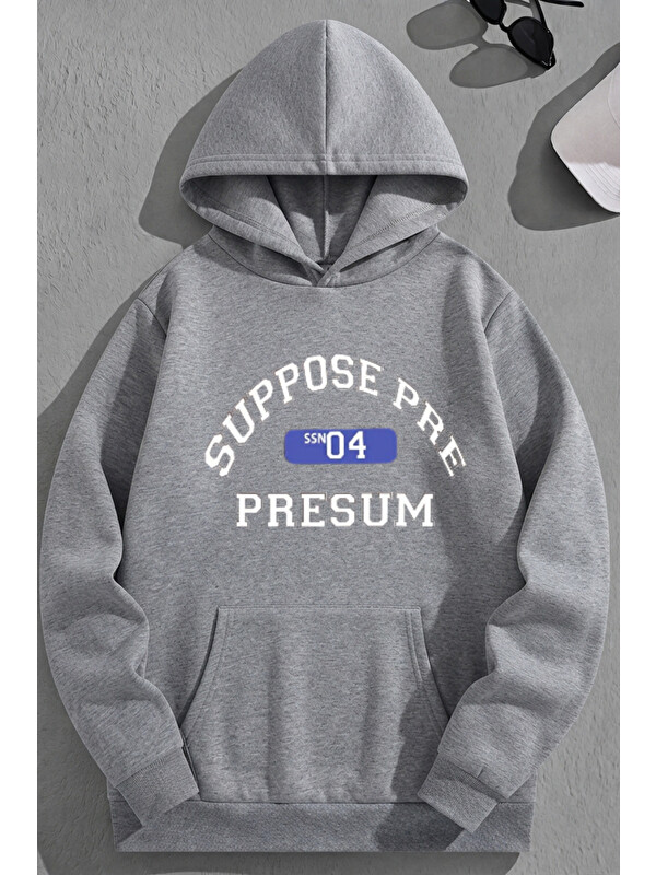 Trendseninle Unisex 3 İplik Pamuklu Gri Suppose Baskı Bol Kalıp Sweatshirt Hoodie