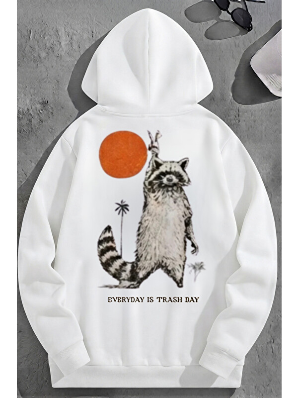 Trendseninle Unisex 3 İplik Pamuklu Beyaz Rakun Baskı Bol Kalıp Sweatshirt Hoodie