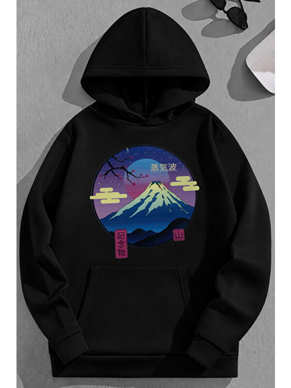 Trendseninle Unisex 3 İplik Pamuklu Siyah Sakura Baskı Bol Kalıp Sweatshirt Hoodie