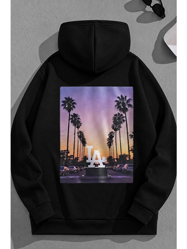 Trendseninle Unisex 3 İplik Pamuklu Siyah LATropical Bol Kalıp Sweatshirt Hoodie