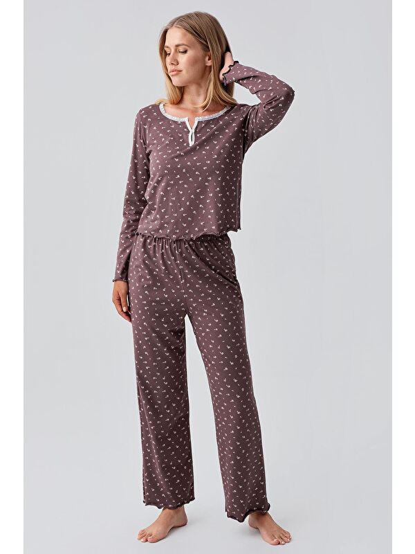 Artış Uzun Kollu Desenli Düğmeli Esnek Pamuklu Pijama Takım 18202