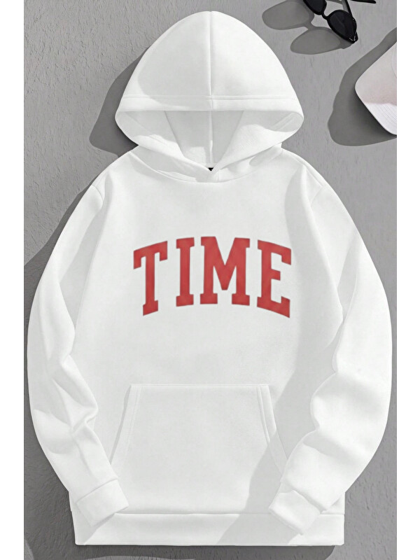 Trendseninle Unisex 3 İplik Pamuklu Beyaz TIME Baskı Bol Kalıp Sweatshirt Hoodie