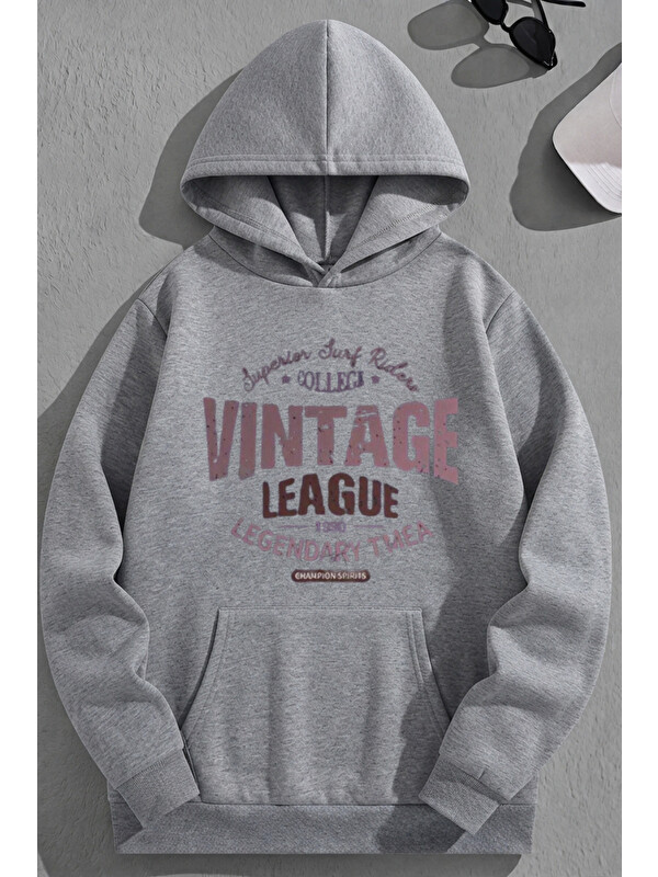 Trendseninle Unisex 3 İplik Pamuklu Gri VintageLeage Baskı Bol Kalıp Sweatshirt Hoodie