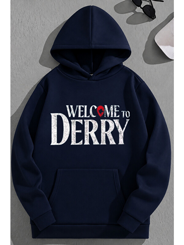 Trendseninle Unisex 3 İplik Pamuklu Lacivert WelcomeToDerry Baskı Bol Kalıp Sweatshirt Hoodie
