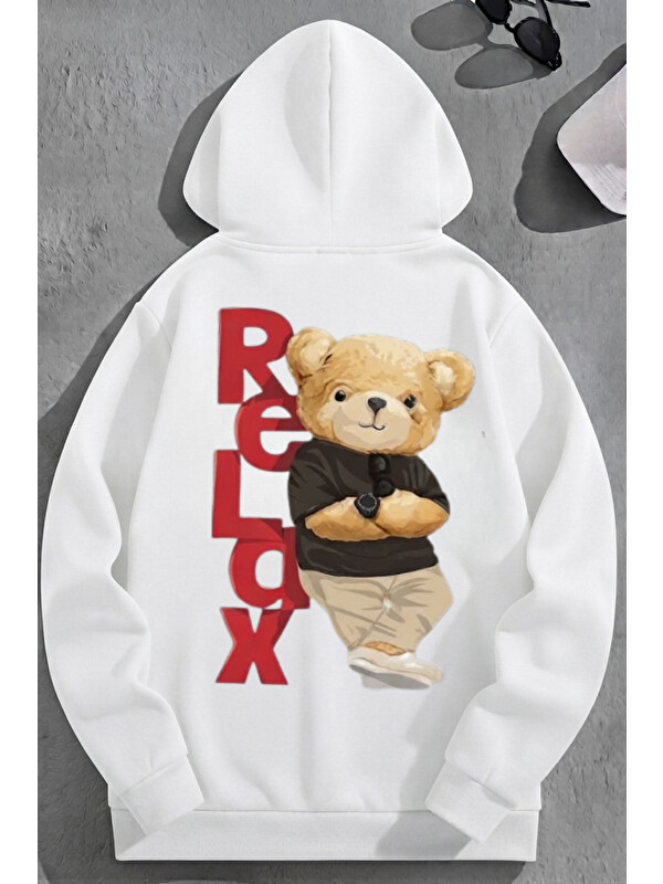 Trendseninle Unisex 3 İplik Pamuklu Beyaz RelaxBear Baskı Bol Kalıp Sweatshirt Hoodie