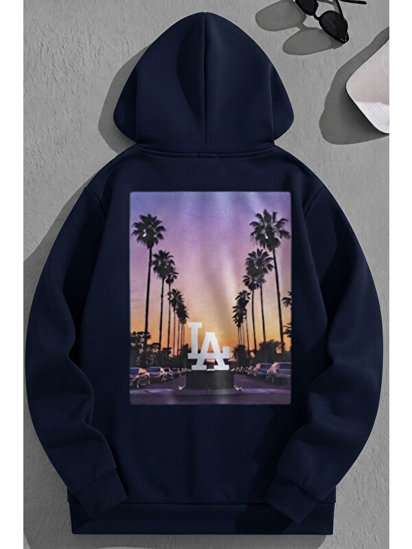 Trendseninle Unisex 3 İplik Pamuklu Lacivert LATropical Bol Kalıp Sweatshirt Hoodie
