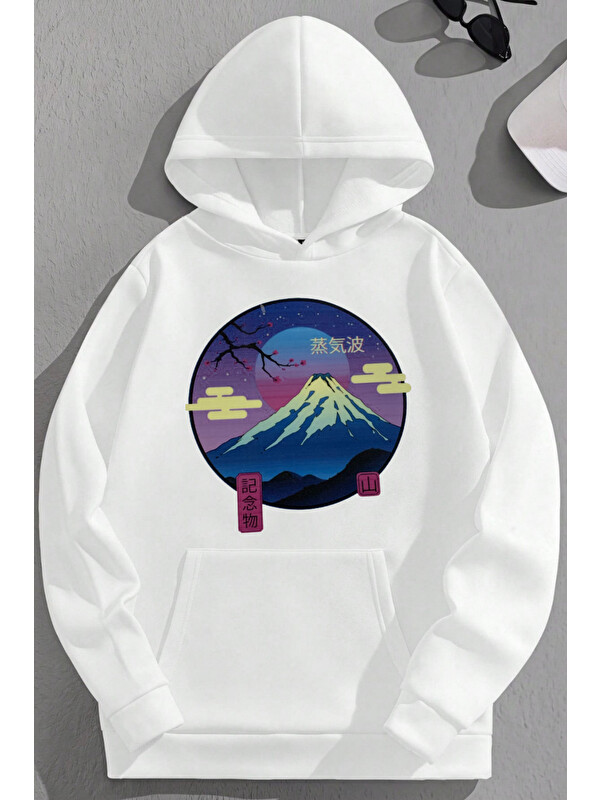 Trendseninle Unisex 3 İplik Pamuklu Beyaz Sakura Baskı Bol Kalıp Sweatshirt Hoodie