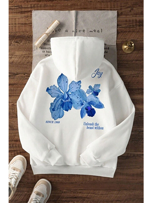 Trendseninle Unisex 3 İplik Pamuklu Beyaz SimpleJoy Baskı Bol Kalıp Sweatshirt Hoodie