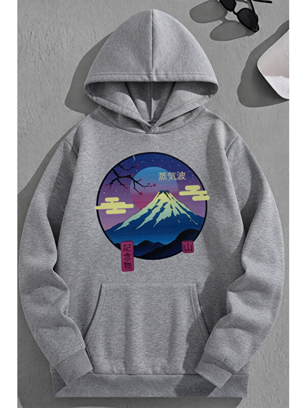 Trendseninle Unisex 3 İplik Pamuklu Gri Sakura Baskı Bol Kalıp Sweatshirt Hoodie