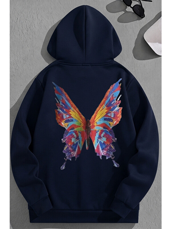 Trendseninle Unisex 3 İplik Pamuklu Lacivert RenkliKelebek Baskı Bol Kalıp Sweatshirt Hoodie