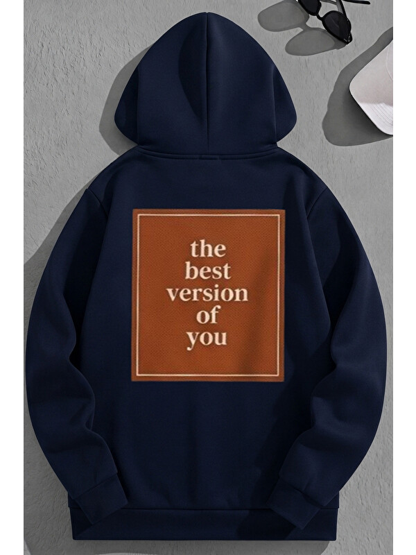 Trendseninle Unisex 3 İplik Pamuklu Lacivert TheBest Baskı Bol Kalıp Sweatshirt Hoodie