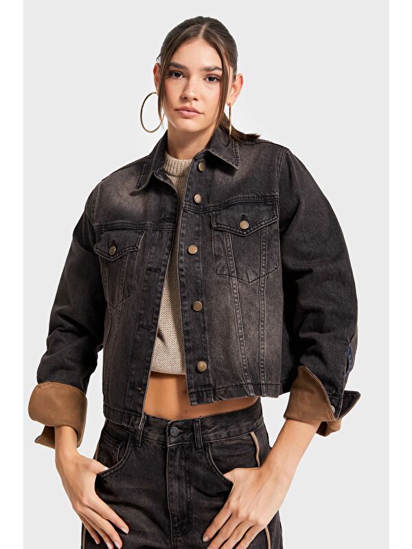 It's Basic Kadın T.Kot Rengi 2w5-62 Straight Fit Kolları Süet Kumaş Detaylı Önü Düğmeli Denim Tasarım Ceket
