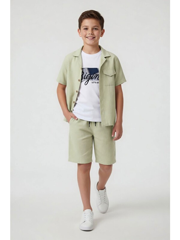 Cansın Mini Yeşil Erkek Çocuk Keten Gömlekli Short'lu 3'lü Takım 24582