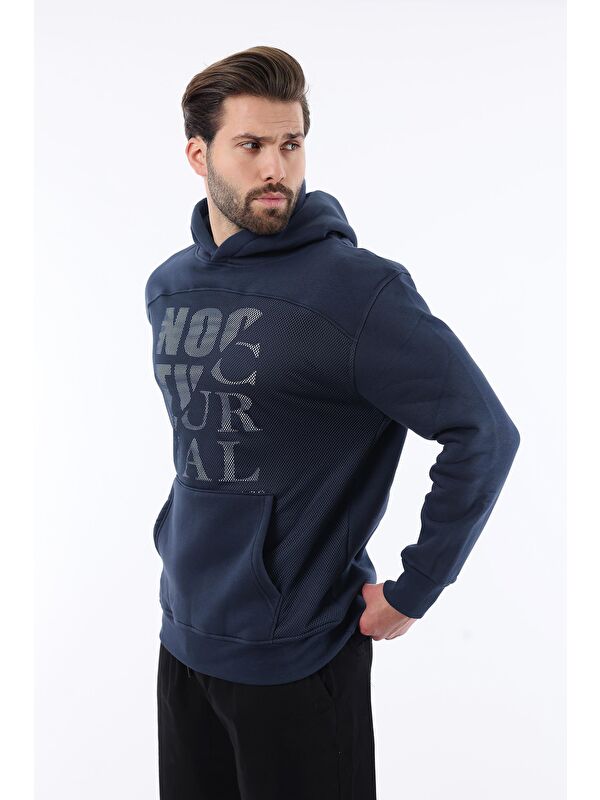 Madmext Lacivert Baskılı Kapüşonlu Cep Detaylı Erkek Sweatshirt 7062