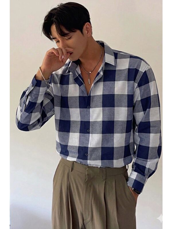 Tarz Cool Erkek Ekose-Kareli Gömlek Slim Fit Pamuk Karışımlı Klasik Tarz Uzun Kollu Gömlek