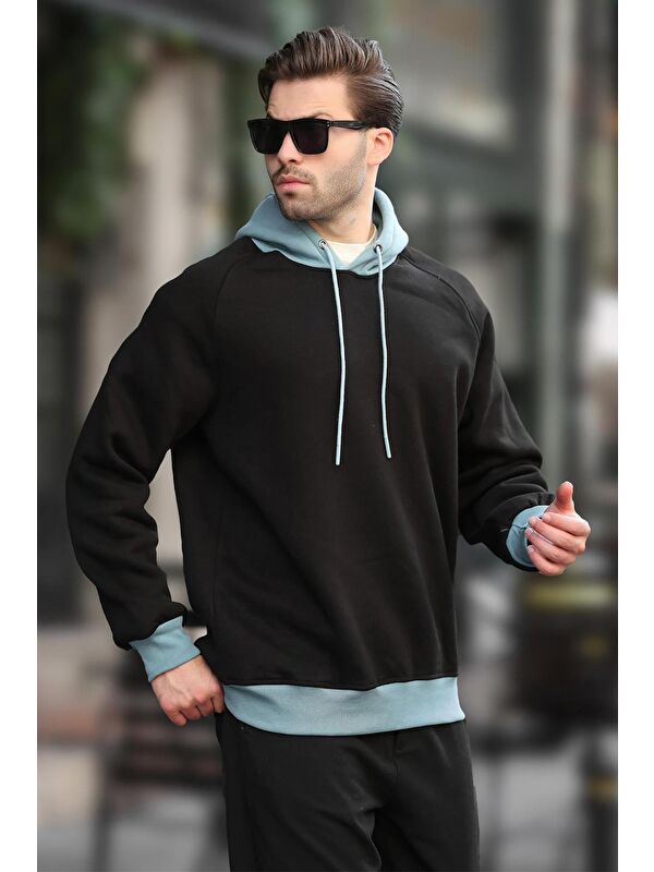 Madmext Siyah Renk Bloklu Kapüşonlu Sweatshirt 7073