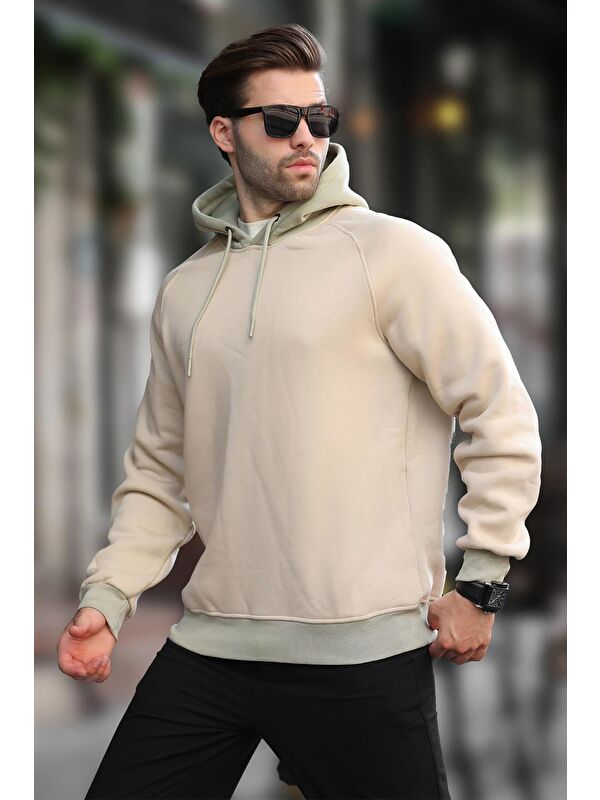 Madmext Bej Renk Bloklu Kapüşonlu Sweatshirt 7073