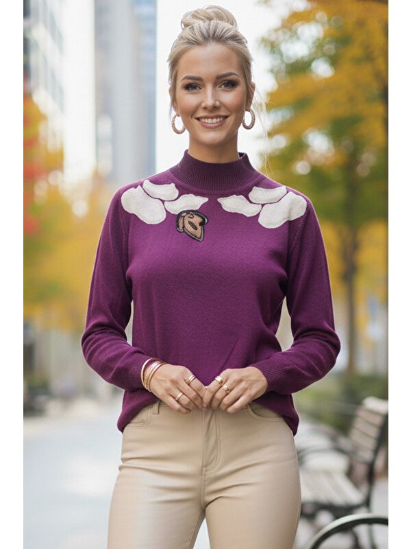 Chiccy Mor Balerin Yaka Uzun Kol Desenli İnce Casual Triko Kazak 65 60