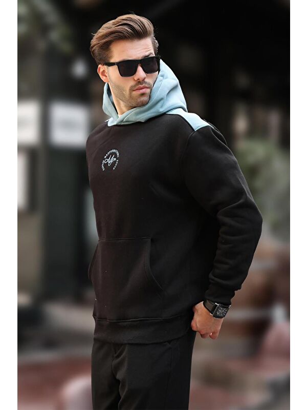 Madmext Siyah Kapüşonlu Renk Bloklu Nakış Detaylı Erkek Sweatshirt 7088
