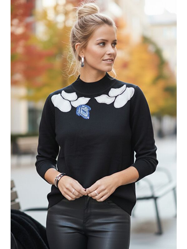 Chiccy Siyah-Mavi Balerin Yaka Uzun Kol Desenli İnce Casual Triko Kazak 65 60