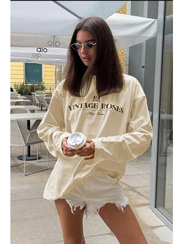 Madmext Bej Baskılı Uzun Kollu Tişört Mg2451