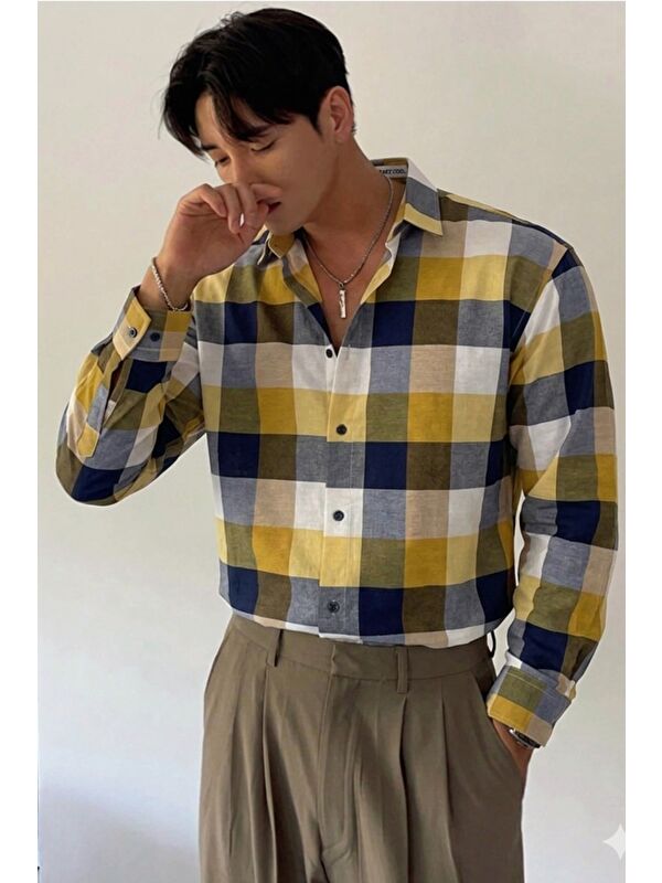 Tarz Cool Erkek Ekose-Kareli Gömlek Slim Fit Pamuk Karışımlı Klasik Tarz Uzun Kollu Gömlek