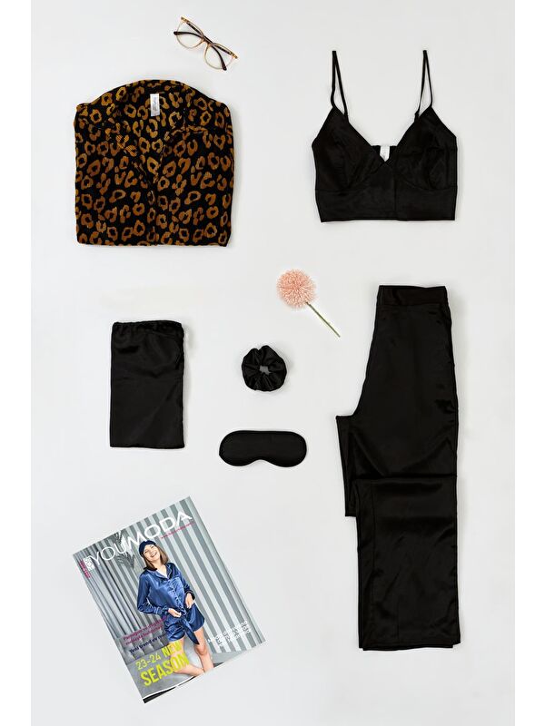 For You Moda 6'Lı Pliseli Leopar Bustiyerli Siyah Pijama Takım