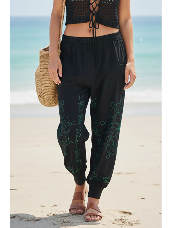 Chiccy Siyah-Yeşil Baskılı Cepli Lastikli Bel Lastikli Paça Casual Örme Şalvar Pantolon 95 60