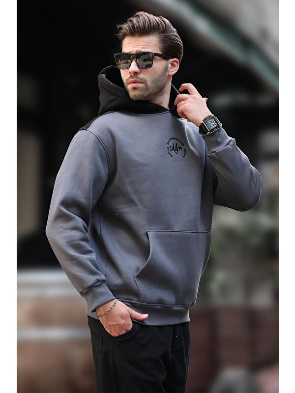 Madmext Füme Kapüşonlu Renk Bloklu Nakış Detaylı Erkek Sweatshirt 7088