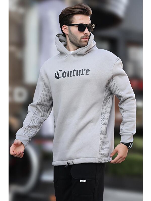 Madmext Boyalı Gri Kapüşonlu Baskılı Erkek Sweatshirt 7090