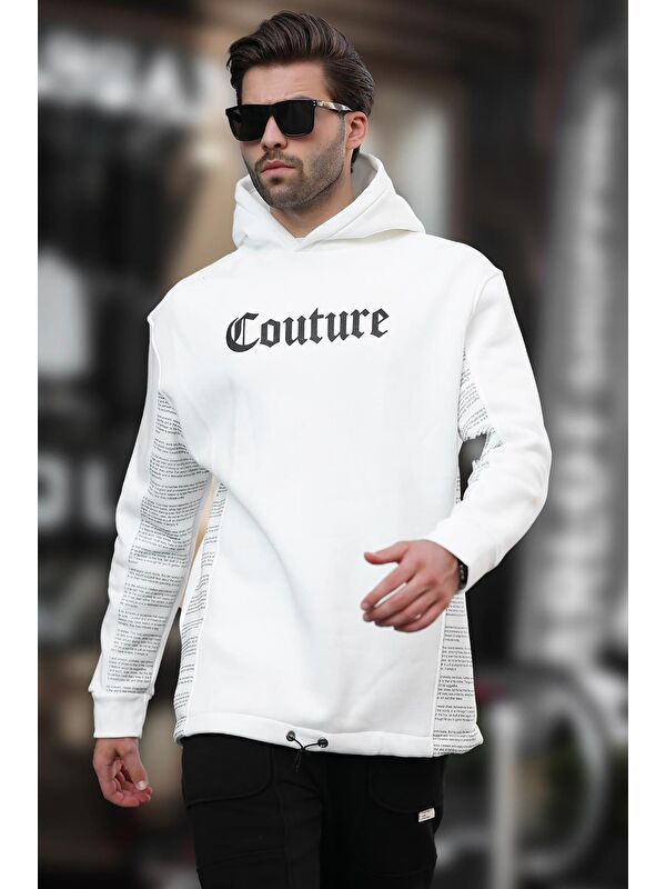 Madmext Ekru Kapüşonlu Baskılı Erkek Sweatshirt 7090