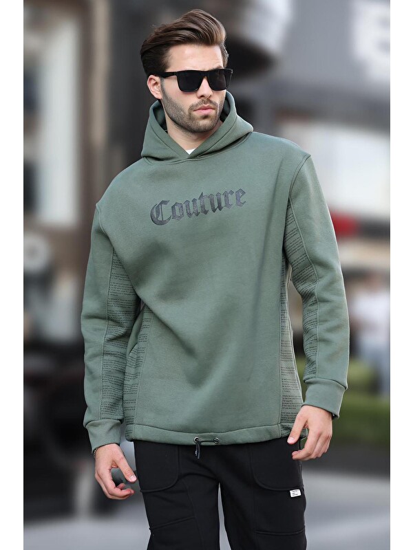 Madmext Haki Kapüşonlu Baskılı Erkek Sweatshirt 7090